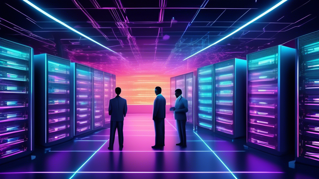 Digital artwork of a futuristic server room filled with glowing VPS servers, surrounded by holographic displays of customer service agents providing round-the-clock support.