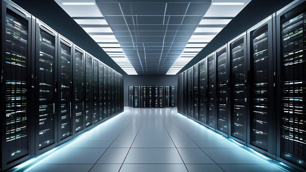 Create an image of a sleek and modern data center with rows of servers, all neatly organized and labeled. The center should be well-lit and clean, with a team of customer support representatives worki