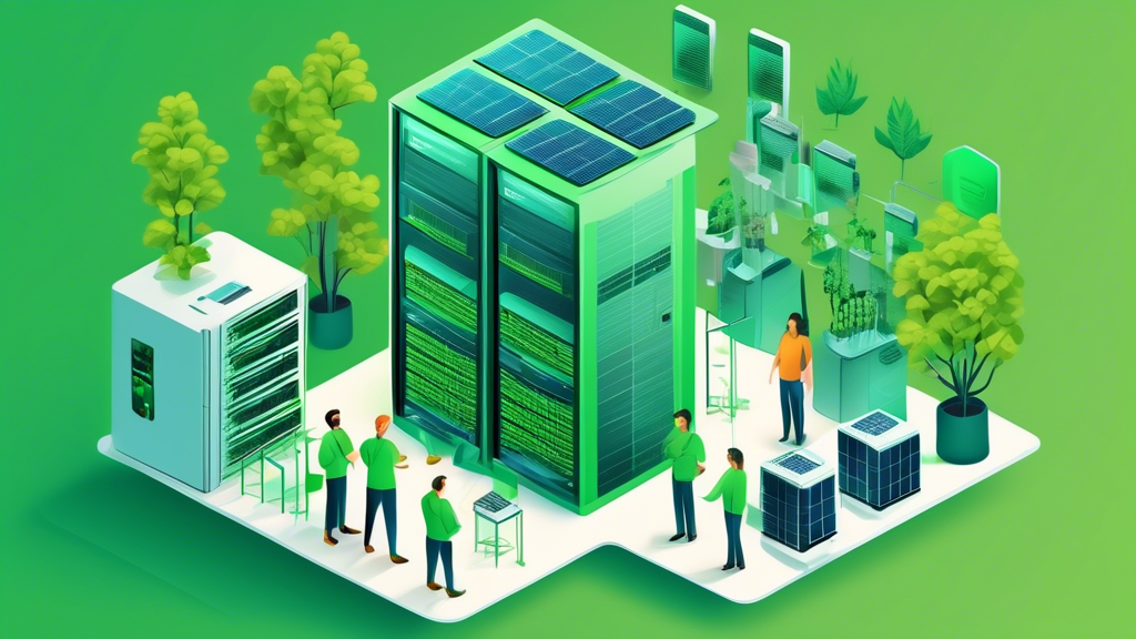 A collection of images showcasing environmentally friendly server hosting solutions:n* A wind turbine powering a data centern* Solar panels on a server rackn* A server room filled with plantsn* A serv