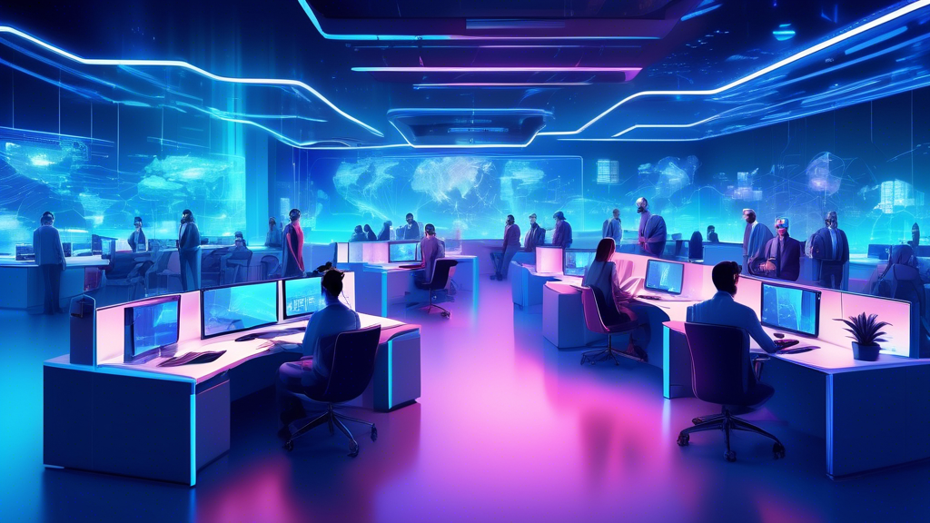 A futuristic 24/7 customer support center bustling with activity, featuring diverse agents wearing headsets and managing multiple screens, with holographic displays showing high-speed network connecti