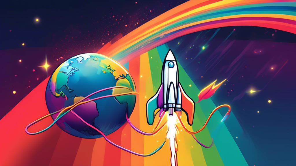 A rocket launching into space trailing a rainbow colored ethernet cable that connects to a glowing earth.