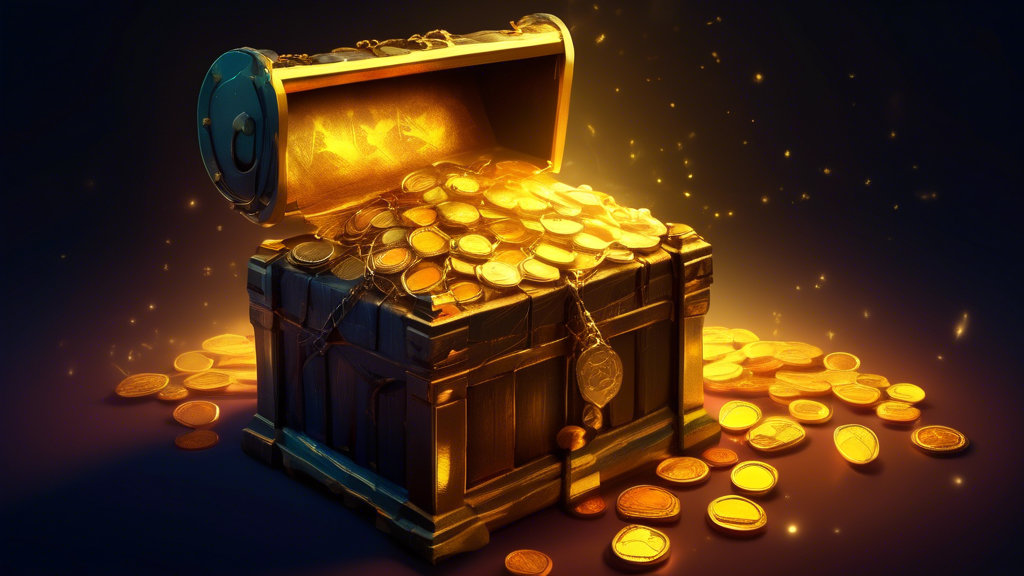 A treasure chest overflowing with gold coins sitting on a web hosting server with PLESK written on it, glowing with a magical light, symbolizing affordable and valuable hosting options.