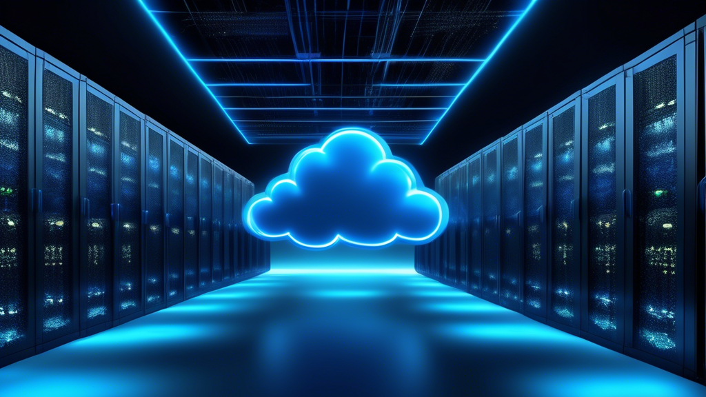 A modern data center with rows of servers and flashing lights, with a glowing blue futuristic cloud symbol floating in the center. The cloud is shaped like a dollar sign to represent affordability.