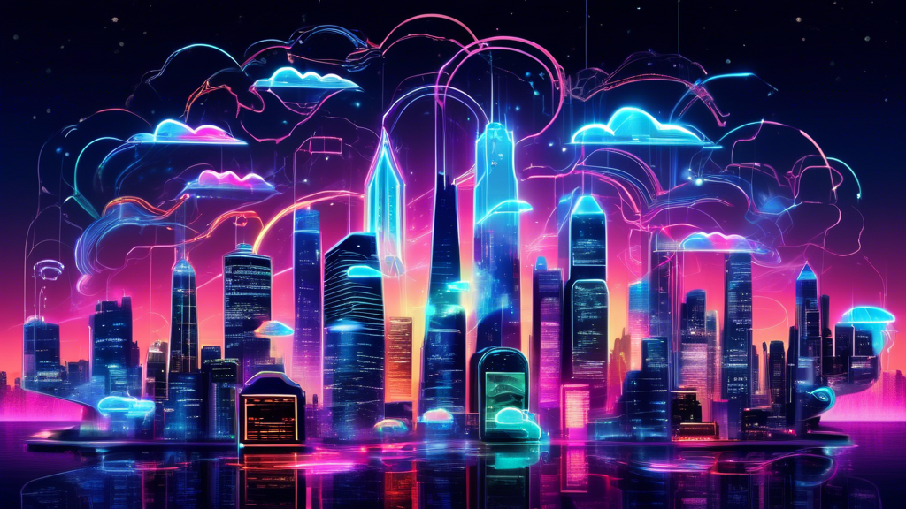 A digital collage illustrating a futuristic cityscape with glowing neon signs advertising various fast business hosting providers, each sign showcasing a different logo and cloud symbol, with data str