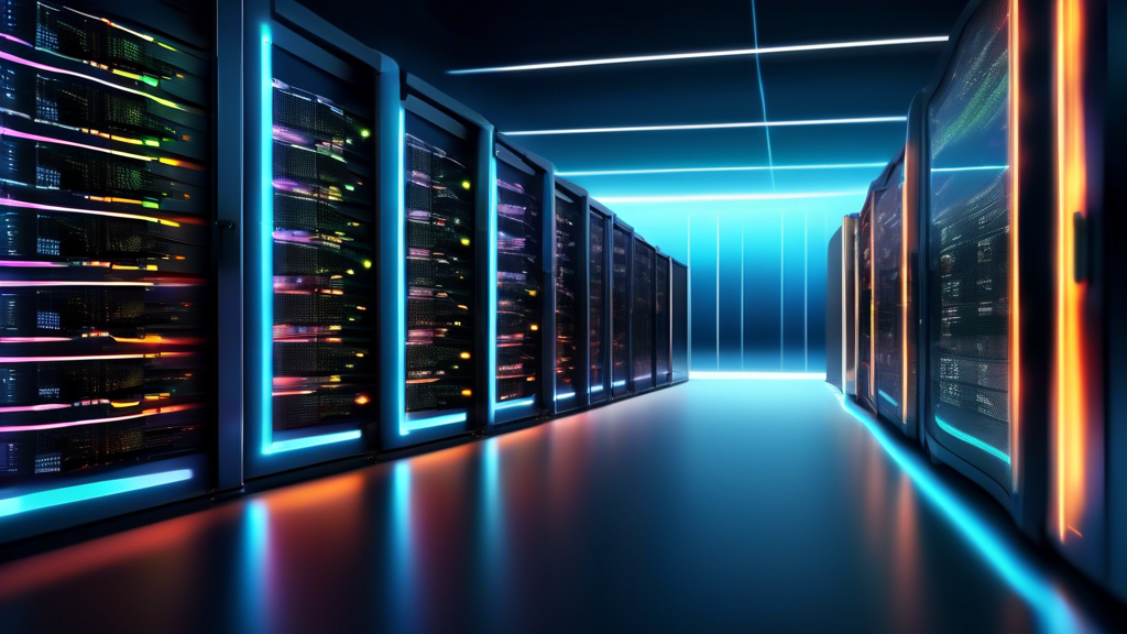 Create an image of a sleek and modern data center with a high-speed server rack featuring glowing lights and multiple backup servers in the background. The scene should convey a sense of speed, effici