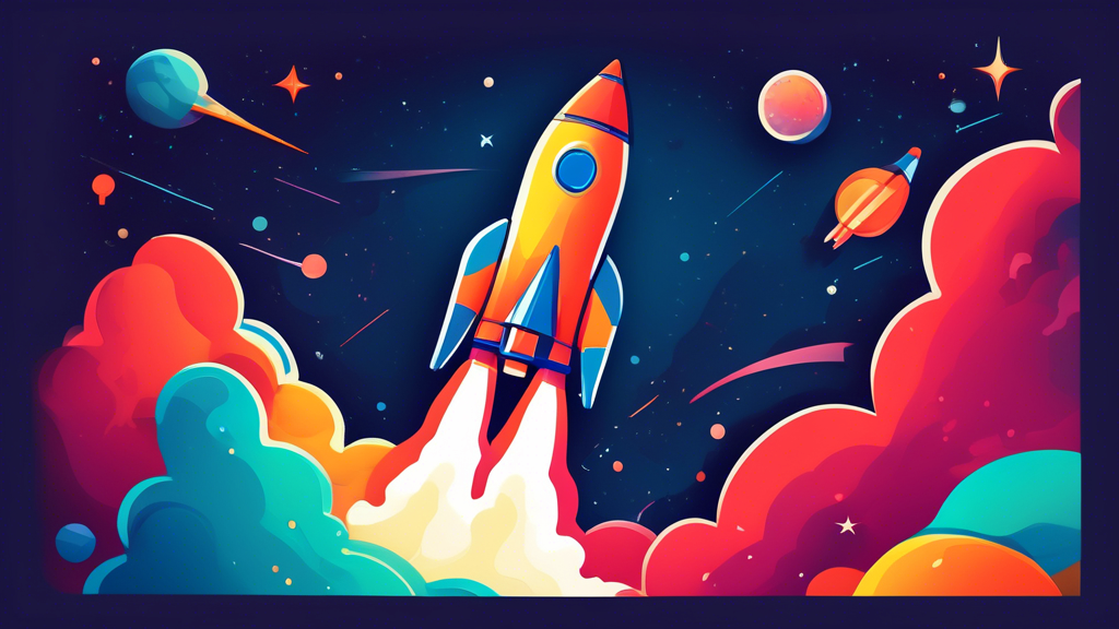 A rocket ship launching into space with the Joomla logo emblazoned on its side.