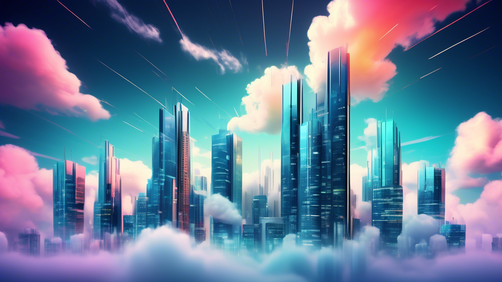 Create an image of a futuristic cityscape with clouds forming digital servers and skyscrapers representing fast private cloud hosting providers. The scene should convey a sense of innovation, speed, a