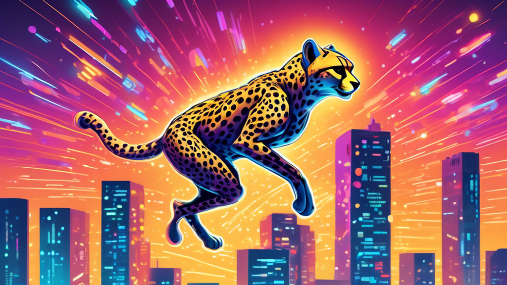 A cheetah wearing a jetpack, racing across a cityscape made of computer servers, leaving a trail of glowing data behind it.