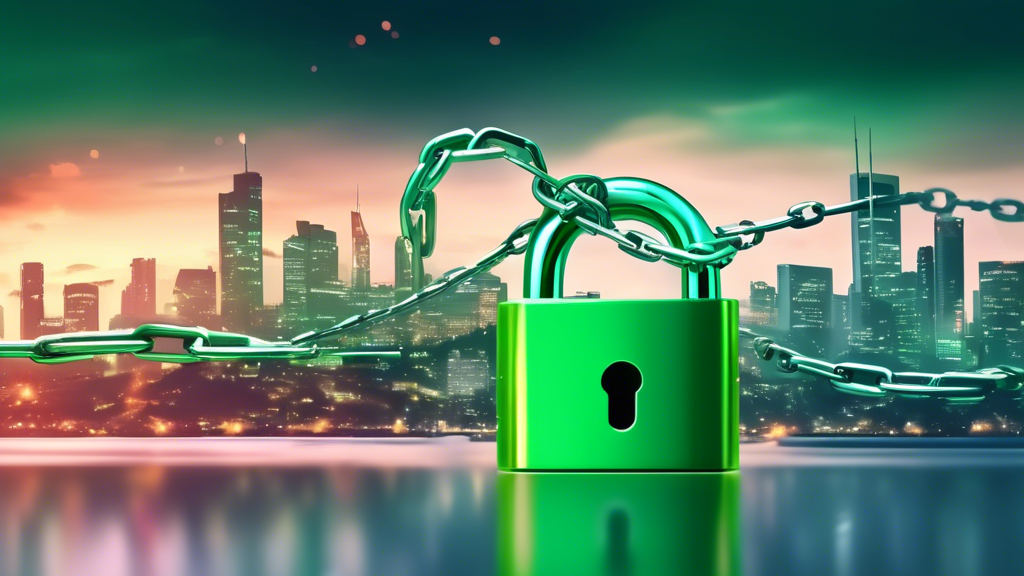 A green padlock wrapped in chains breaking free with a cityscape background and HTTPS:// floating in the air.