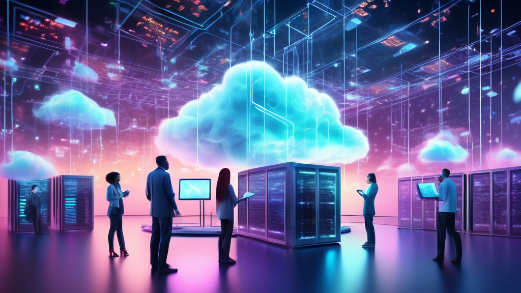 Digital artwork of a futuristic cloud data center with glowing connections and floating holographic displays showing SSL certificates, surrounded by diverse IT professionals examining secure private c