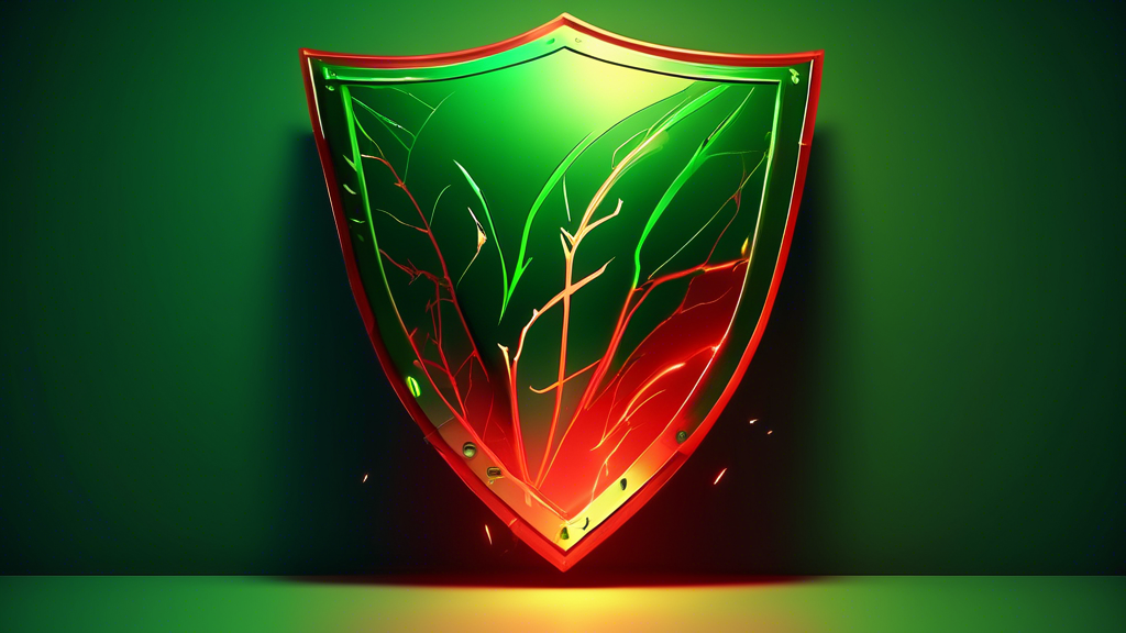 A green shield protecting a web server from a barrage of red lightning bolts, with a glowing green leaf overlayed on the shield.