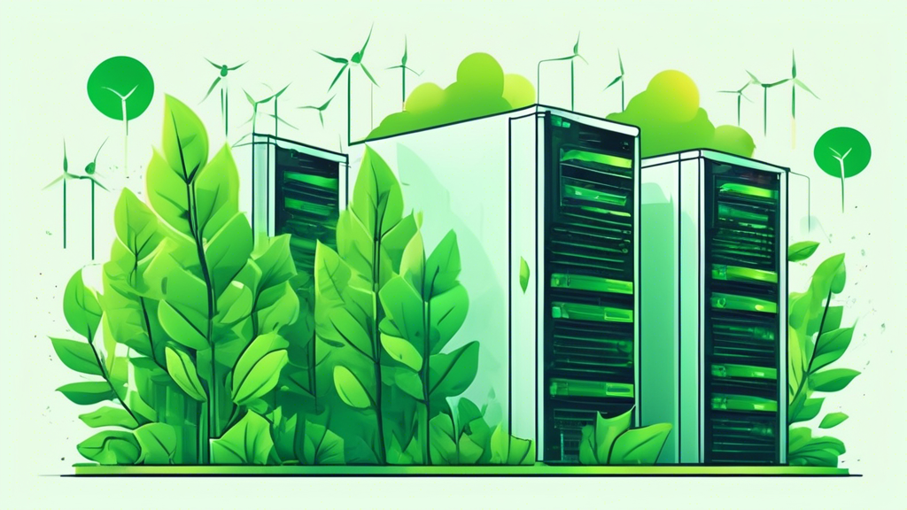 Create an image of a modern, eco-friendly data center powered by renewable energy sources, showcasing servers with green leaves and nature elements incorporated into their design. Include an icon or s