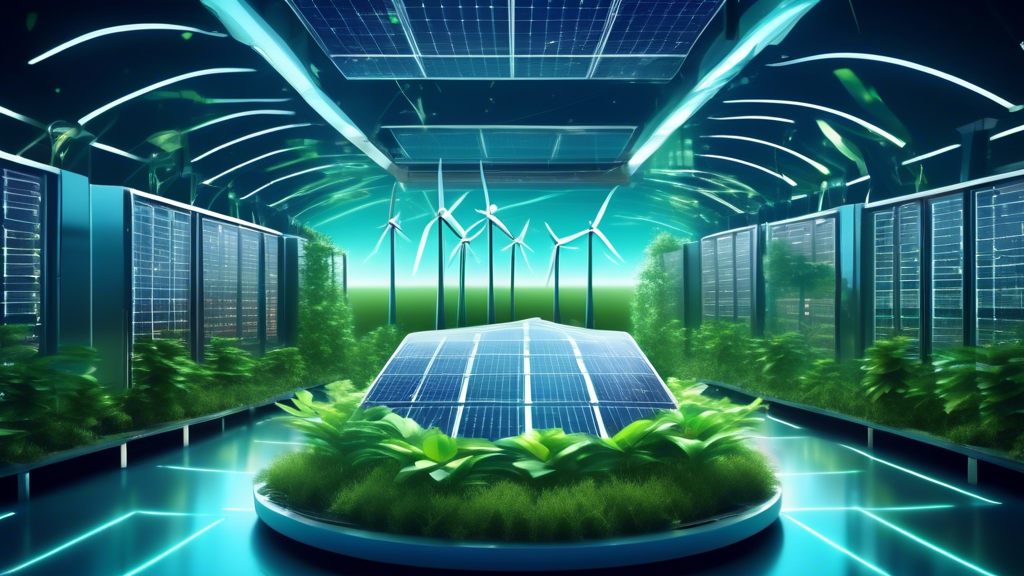 A futuristic data center with lush green plants integrated into the infrastructure, showcasing a holographic display of a user-friendly website builder interface, with solar panels and wind turbines v