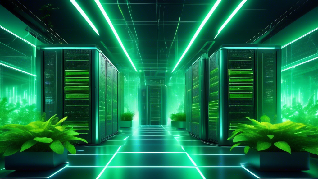 Digital artwork of a vibrant, futuristic data center with glowing green servers and plants growing around the technology, symbolizing eco-friendly web hosting solutions under the banner 'Green Plesk H