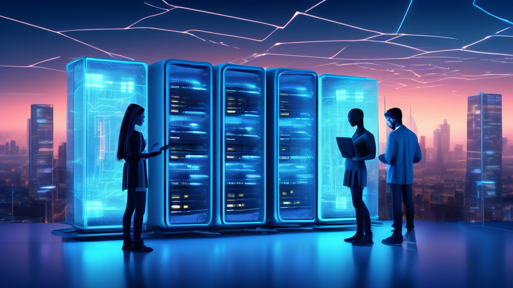 Create an imaginative digital art piece depicting a series of futuristic server racks glowing with a soft blue light, set against a background of a cityscape at twilight. Each server is subtly embedde