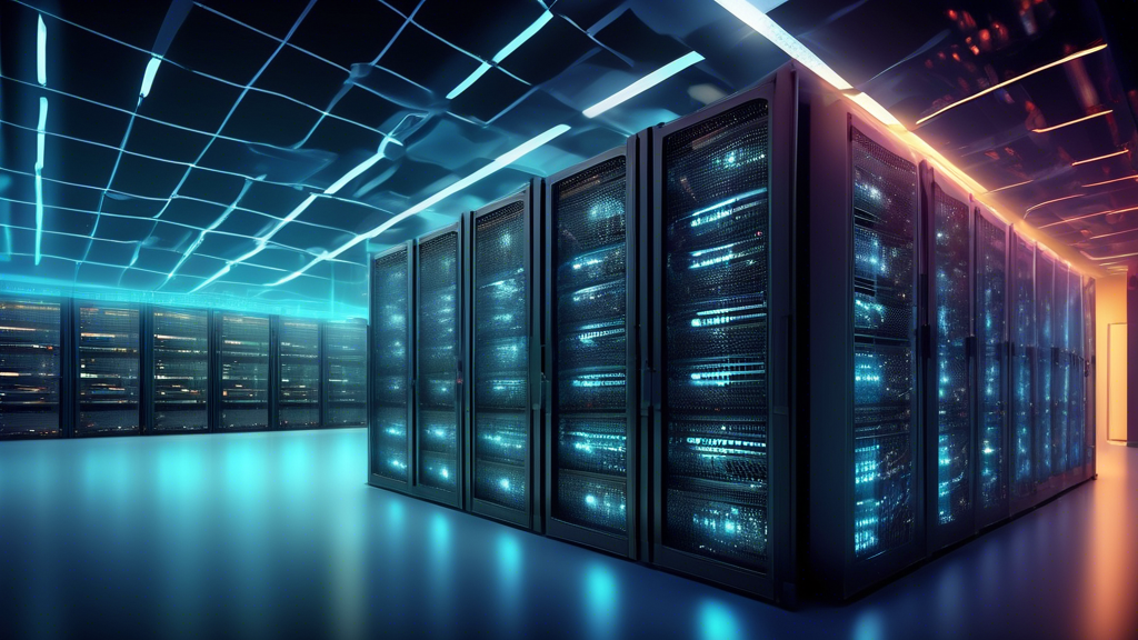 Create an image of a modern and efficient data center facility with rows of neatly organized servers, bright lights, and a team of professionals monitoring and maintaining the systems. The scene shoul