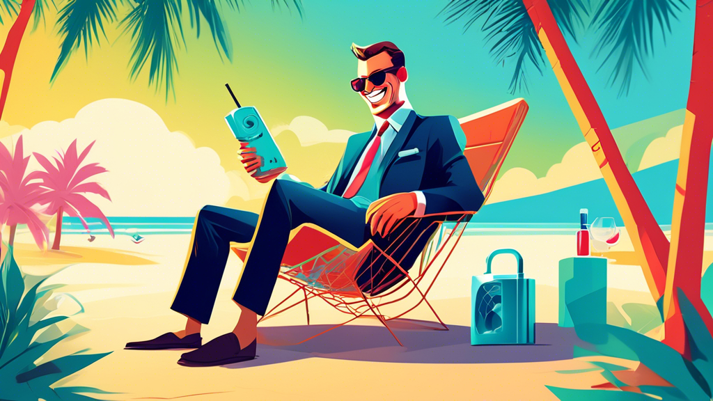 A relaxed businessman sitting on a beach chair on a tropical beach, holding a cocktail and smiling, while a secure lock seamlessly shields a web server in the background.