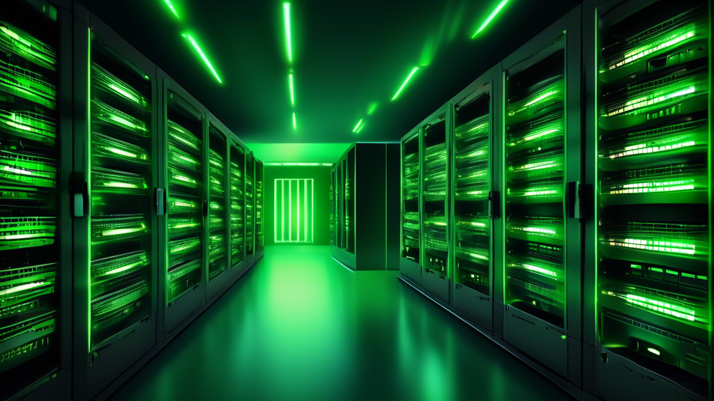 Create an image of a sleek and modern server room filled with rows of neatly organized servers running Windows operating system. Include glowing green lights on the servers to depict them as active an