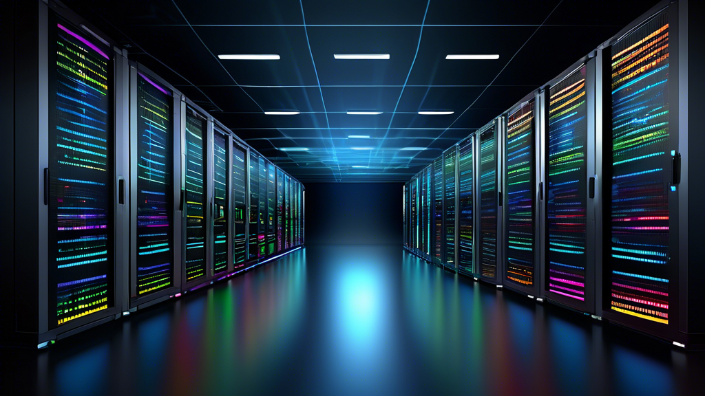 Create an image of a sleek and modern data center filled with rows of powerful servers, all running on the Linux operating system. The servers should be well-organized and brightly lit, showcasing a r