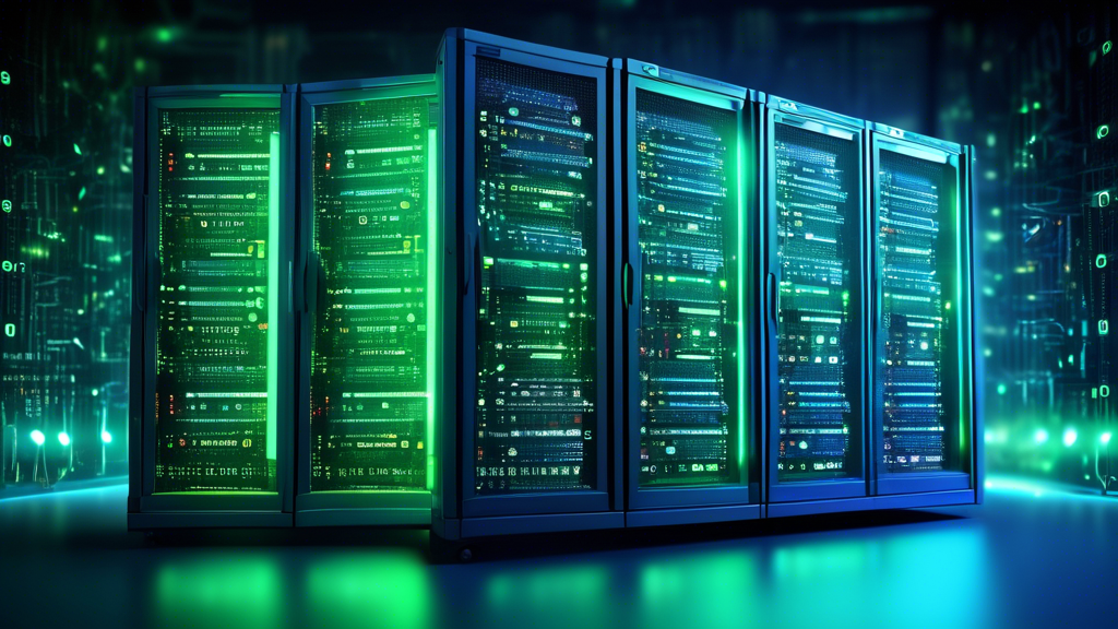 A server rack with a blue and green circuit board design, glowing with light, surrounded by binary code and symbols of compliance and security, with the words Reliable PCI Compliant Hosting Services d