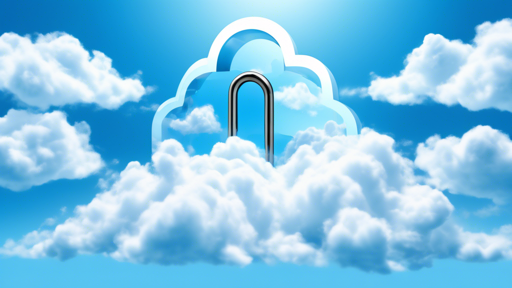 Create an image of clouds floating in a clear blue sky with a digital lock overlay, symbolizing security and reliability. Make the clouds look fluffy and welcoming, and the lock seem modern and high-t