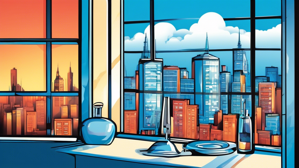 A stable window with a cityscape view, reflecting the blue sky, with a miniature server rack nestled securely on the window sill.