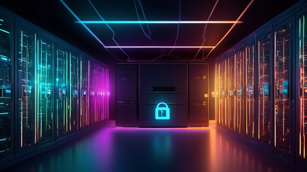 A secure server room with a padlock reflecting a CMS logo surrounded by glowing lines of code.