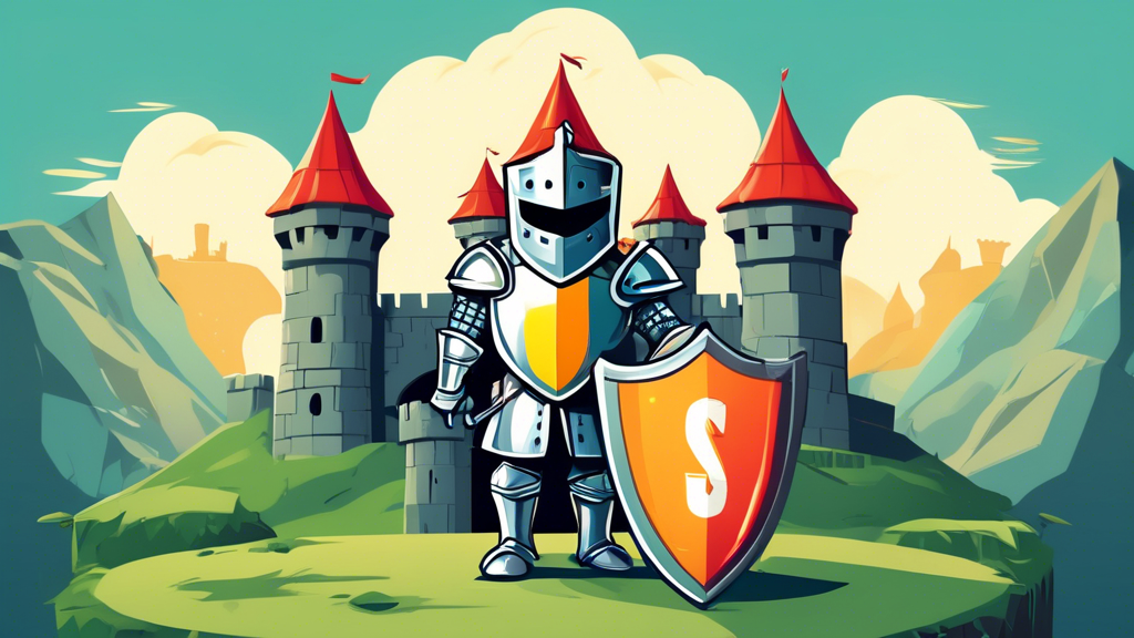 A friendly cartoon Drupal drop wearing a knight's helmet and shield, guarding a castle surrounded by a digital moat and firewall, with a banner that reads Secure Hosting.