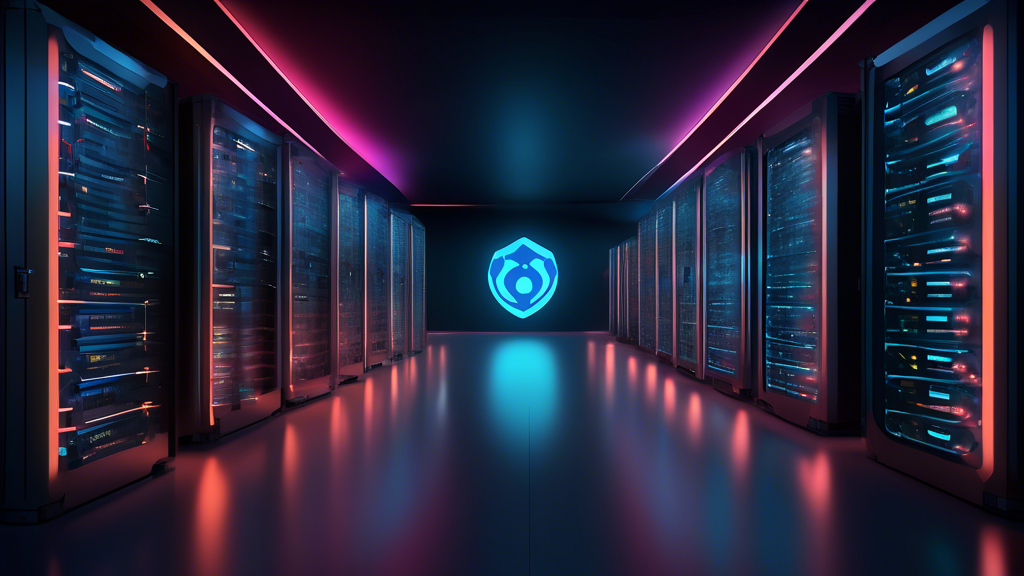 A digital artwork of a futuristic, secure data center filled with servers labeled with the Drupal logo, glowing in a dimly lit room, with digital locks and firewalls illustrated as protective energy s