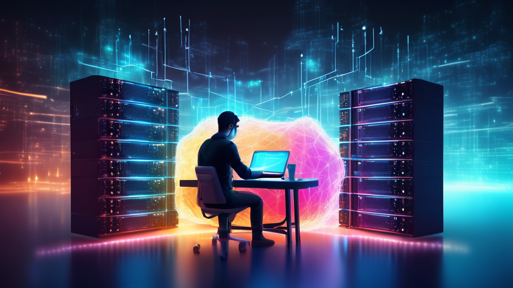 A glowing shield protecting servers connected in a network cloud, with a developer typing code on a keyboard in the foreground. Style: digital art.