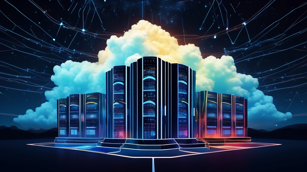 A digital collage illustrating a fortress-like data center surrounded by a protective shield, with clouds symbolizing cloud storage and glowing lines representing data transfer, set against a backdrop