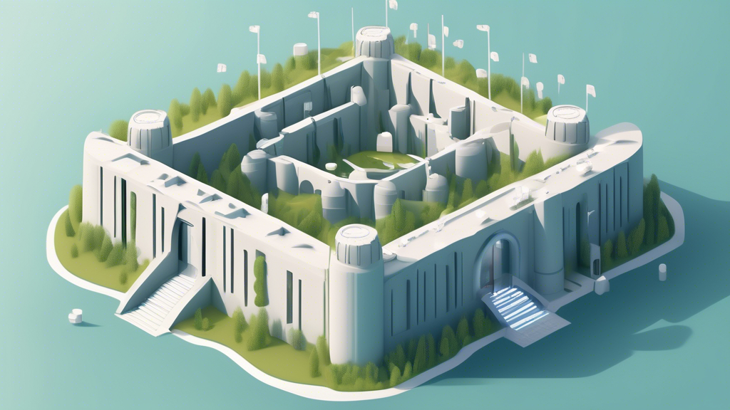 An illustration of a well-guarded fortress, designed using modern, sleek architecture, symbolizing secure Linux hosting servers. The image should visually represent a range of different security techn