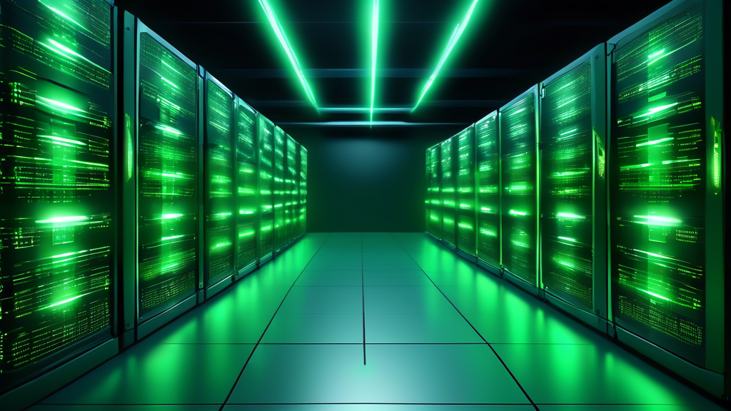 Create an image of a futuristic server room with rows of secure servers glowing with green lights, displaying the text PCI Compliant Hosting on the screens. The room should be clean, organized, and hi