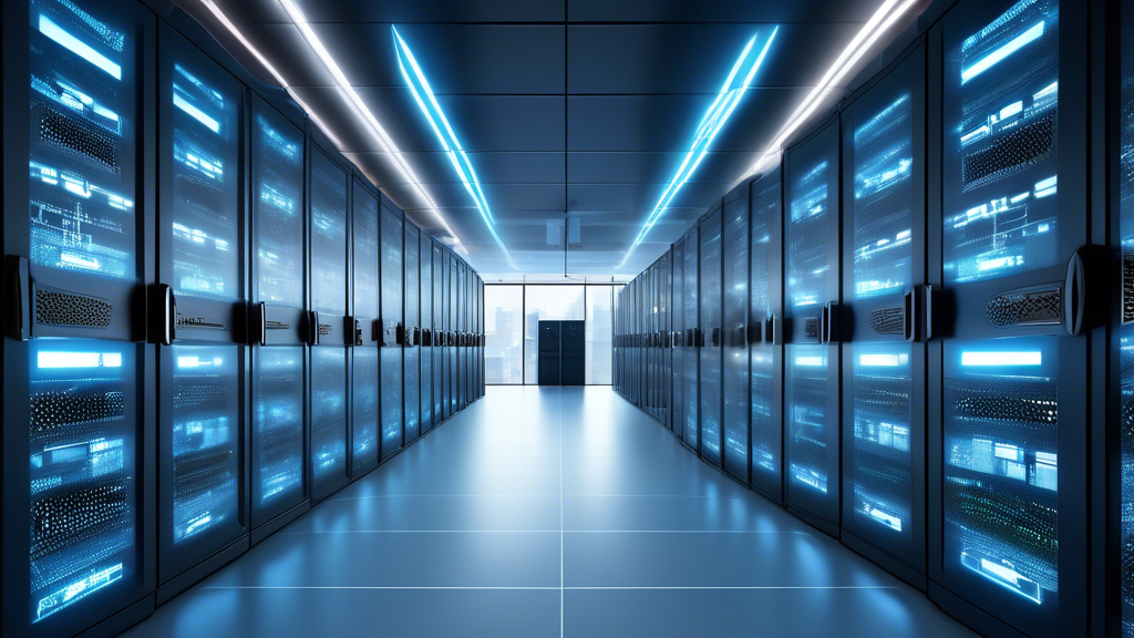 Create an image of a futuristic, high-tech server room with rows of securely locked windows showcasing the best choices for Windows hosting services. The windows display logos or symbols representing