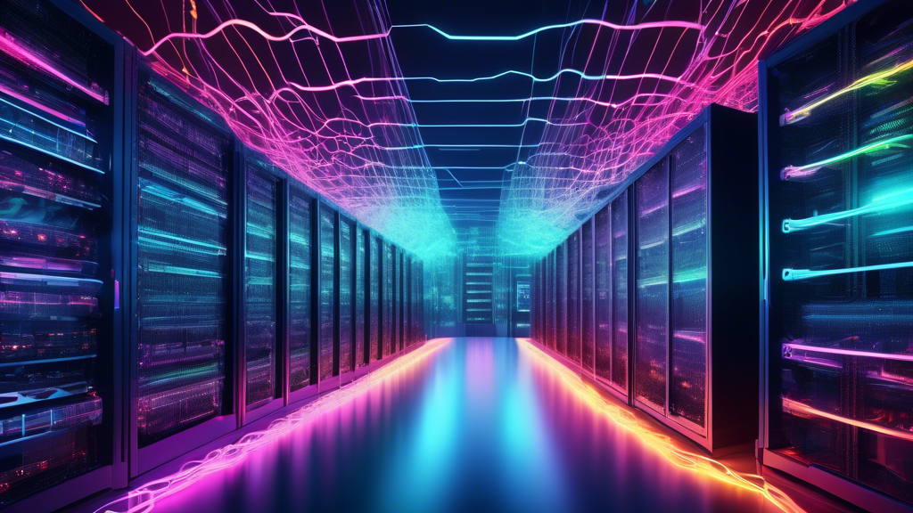 Surreal landscape of shared enterprise hosting providers in a sprawling, abstract data center, towering server racks with intricate network connections, glowing neon lights illuminating wires and cabl