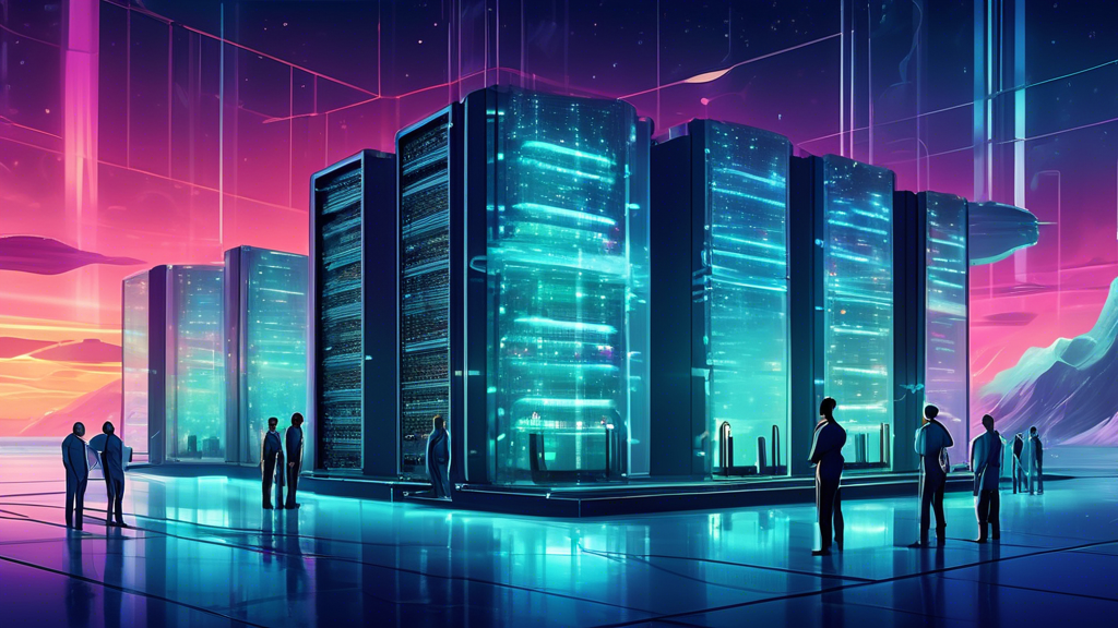 Digital illustration of a futuristic, high-tech data center located on a large offshore platform in the ocean, with diverse engineers and IT professionals collaboratively working on servers and comput