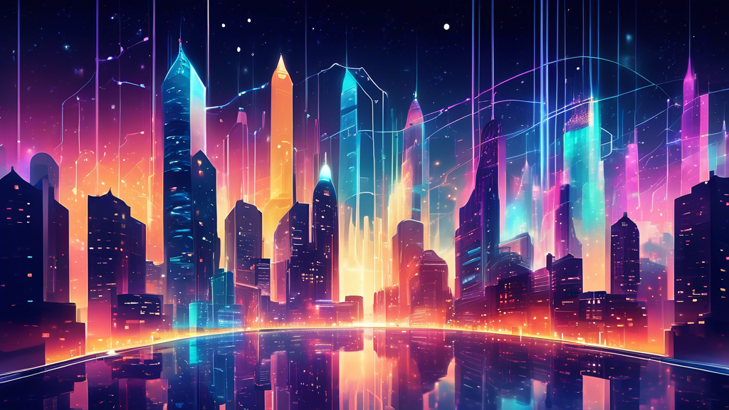 Digital artwork of a futuristic cityscape with diverse buildings representing major CMS hosting providers as large, glowing data centers connected by streams of light symbolizing fast internet connect