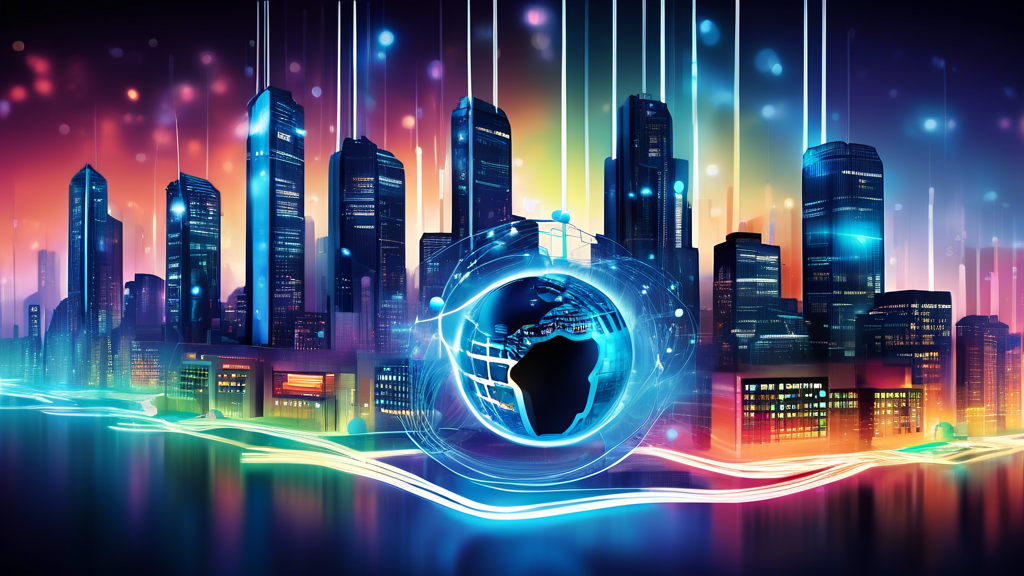 Digital illustration of various top-rated Drupal hosting provider logos creatively integrated into a bustling, futuristic cityscape, with high-tech data centers and glowing fiber optic cables, symboli