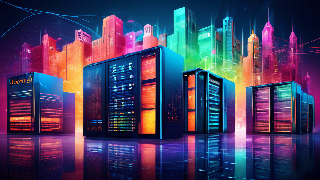 A vibrant, digital collage showcasing a variety of futuristic, high-tech data centers and web servers with the Joomla logo prominently displayed, each hosting provider represented by a unique, stylize