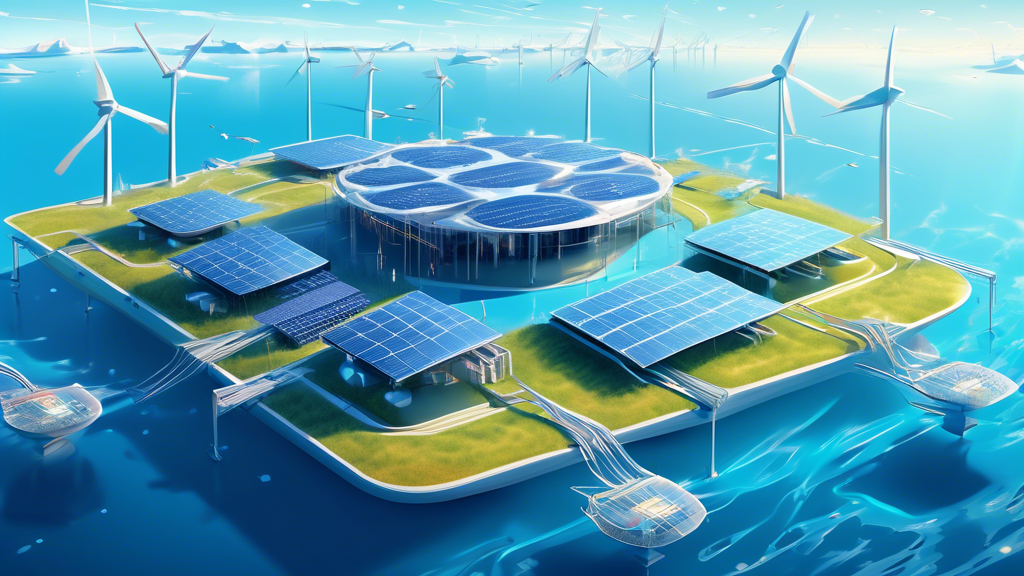 A stunning digital illustration of a futuristic, high-tech data center floating on the ocean under a clear blue sky, surrounded by wind turbines and solar panels, with satellites beaming signals overh