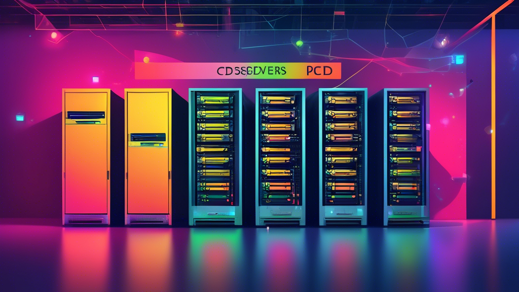 A group of servers with a PCI DSS banner on top, representing top PCI compliant hosting providers for 2024. The servers are located in a secure data center with a high level of security.