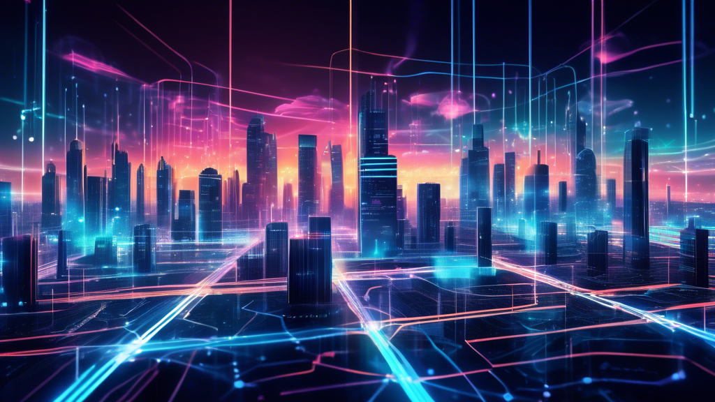 An abstract interpretation of a futuristic cityscape with servers and data centers in the foreground, representing the top private cloud hosting providers for 2024. The servers are connected by glowin