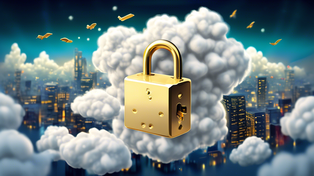 A golden padlock surrounded by fluffy white clouds, each cloud with a miniature server rack inside, all floating above a cityscape at night.