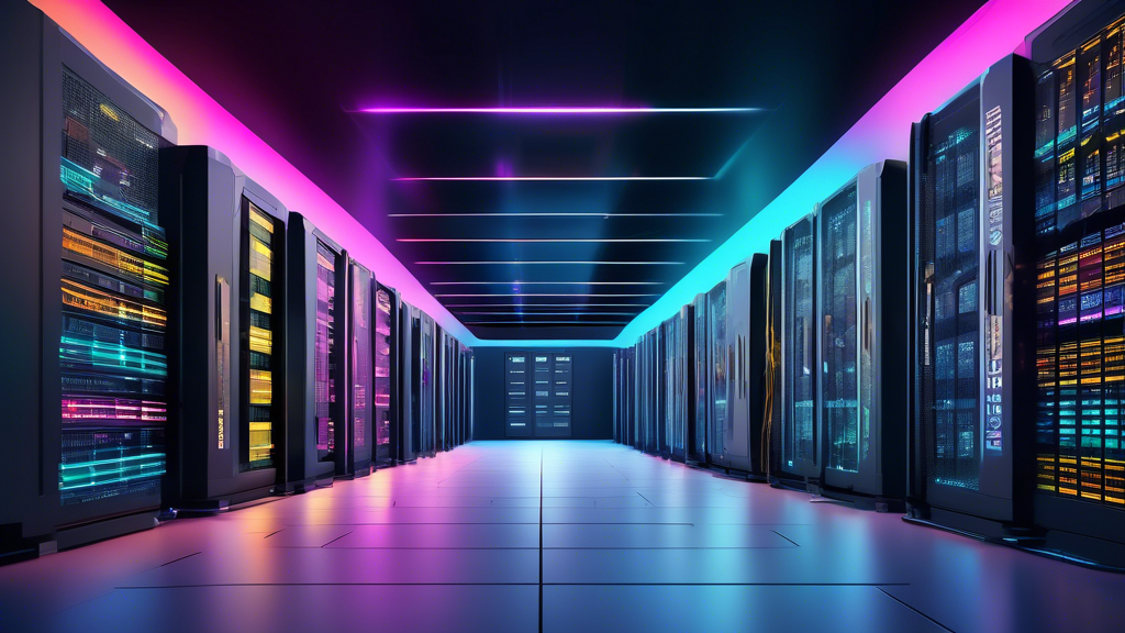 Create an image of a futuristic data center with rows of servers labeled with logos of top Windows hosting providers for the year 2024, showcasing cutting-edge technology and sleek, modern design.