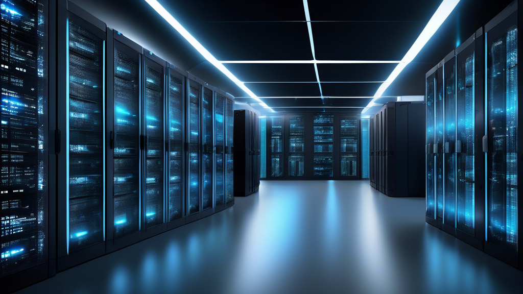 Create an image of a sleek, modern data center with rows of neatly organized servers labeled as VPS Enterprise Hosting: Best Choices! The servers should appear high-tech and cutting-edge, symbolizing