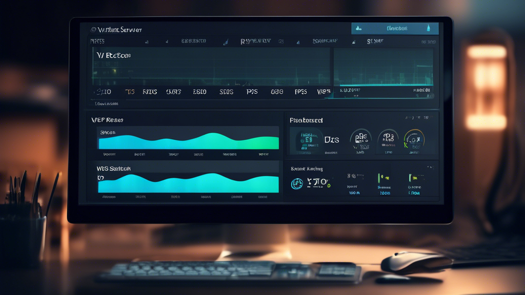 A computer screen displaying a virtual private server (VPS) hosting dashboard. The dashboard shows various server metrics and statistics, including CPU usage, memory usage, disk space usage, and netwo