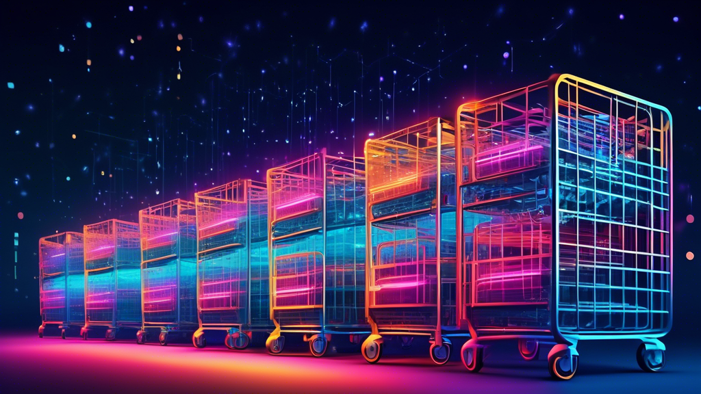 An array of futuristic data centers glowing under a night sky, each shaped like a giant shopping cart, symbolizing the concept of VPS Magento hosting for e-commerce solutions.