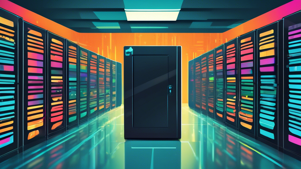 Create an image of a secure data center server room with rows of servers, showing a WordPress website being backed up by a protective shield symbolizing free backup services. Include a subtle WordPres